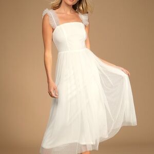 Divine Invitation White Tulle Swiss Dot Ruffled Midi Dress